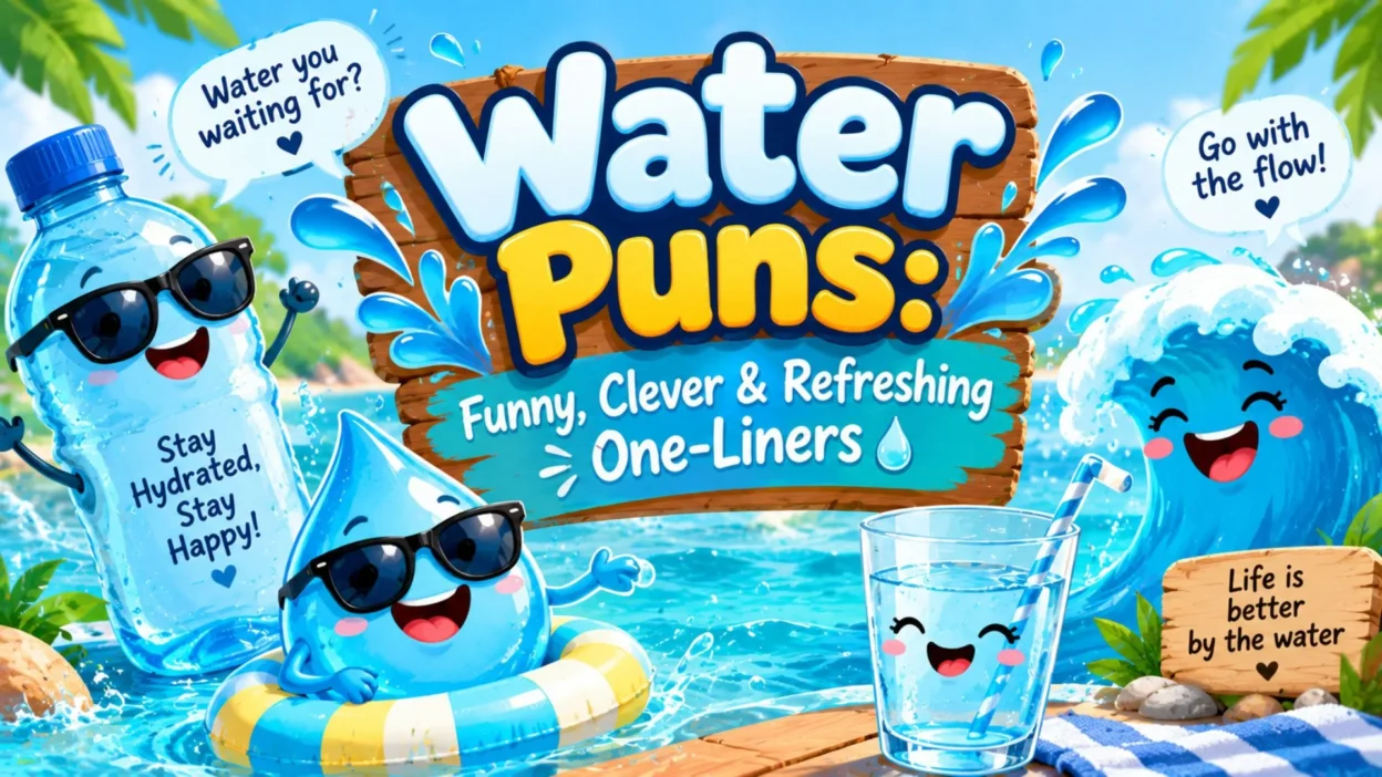 Water puns with playful water drops, bottle, waves, and refreshing summer humor