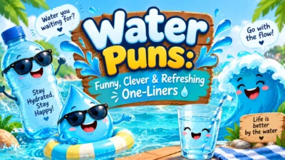 Water puns with playful water drops, bottle, waves, and refreshing summer humor