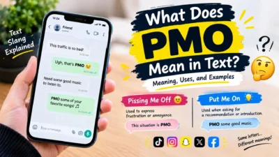 PMO meaning in text, showing “Pissing Me Off” and “Put Me On” with smartphone messaging examples.