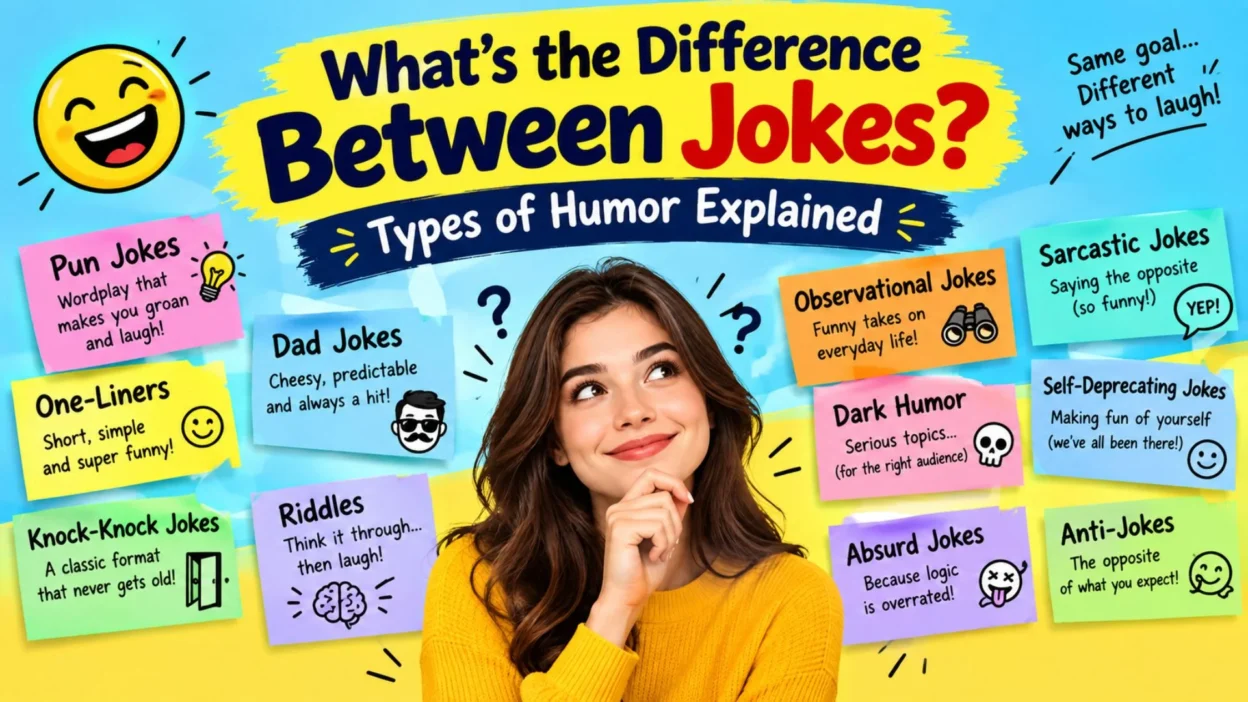 Difference between jokes showing puns, one-liners, riddles, dad jokes, sarcasm, and other humor types