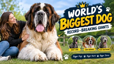 World’s biggest dog standing beside a woman, showcasing record-breaking giant dog breeds.
