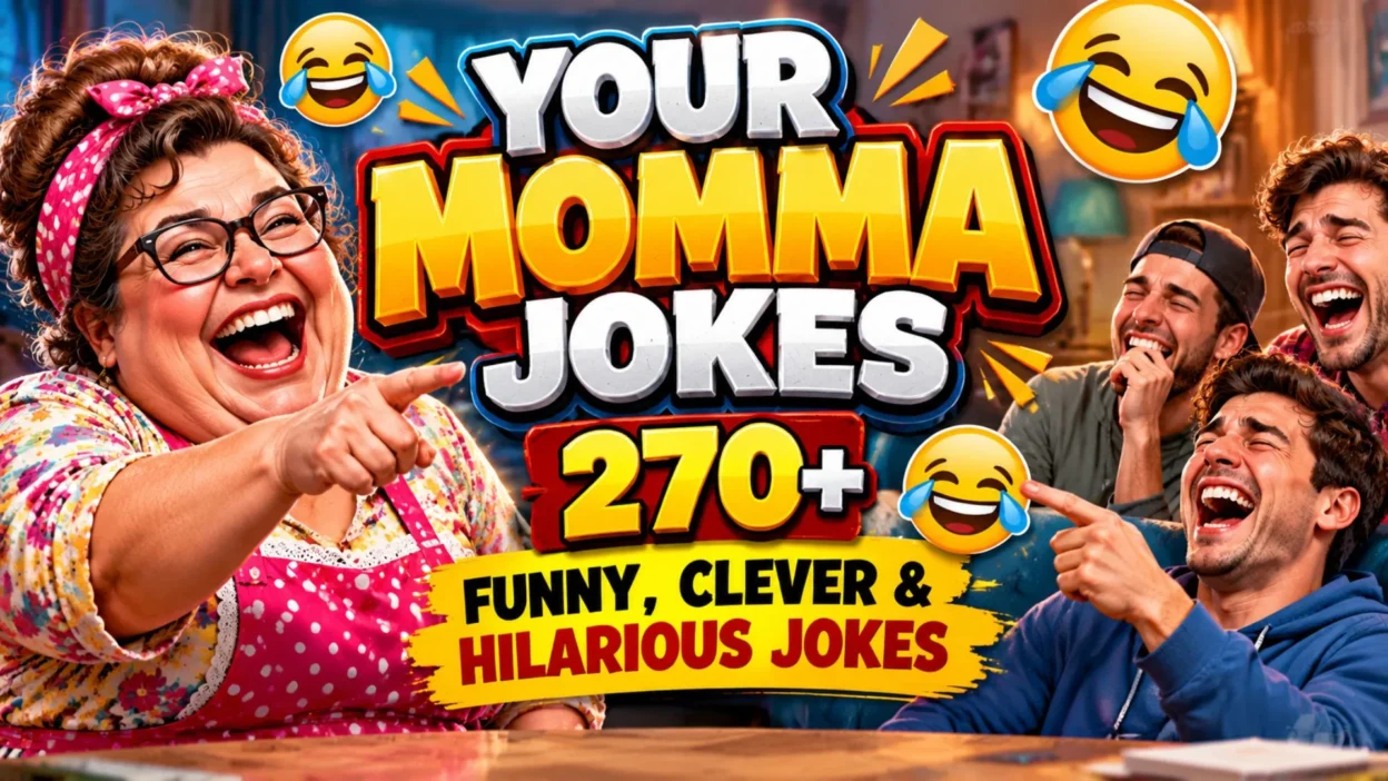 Your momma jokes thumbnail with laughing people, funny comedy text, emojis, and colorful joke-themed design.