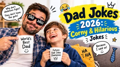 Dad jokes 2026 graphic featuring a funny father and son laughing together with playful joke-themed designs