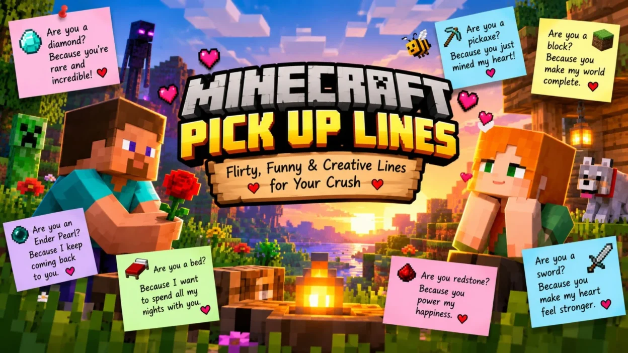Minecraft pickup lines featuring funny, cute, and flirty gamer-themed jokes for your crush