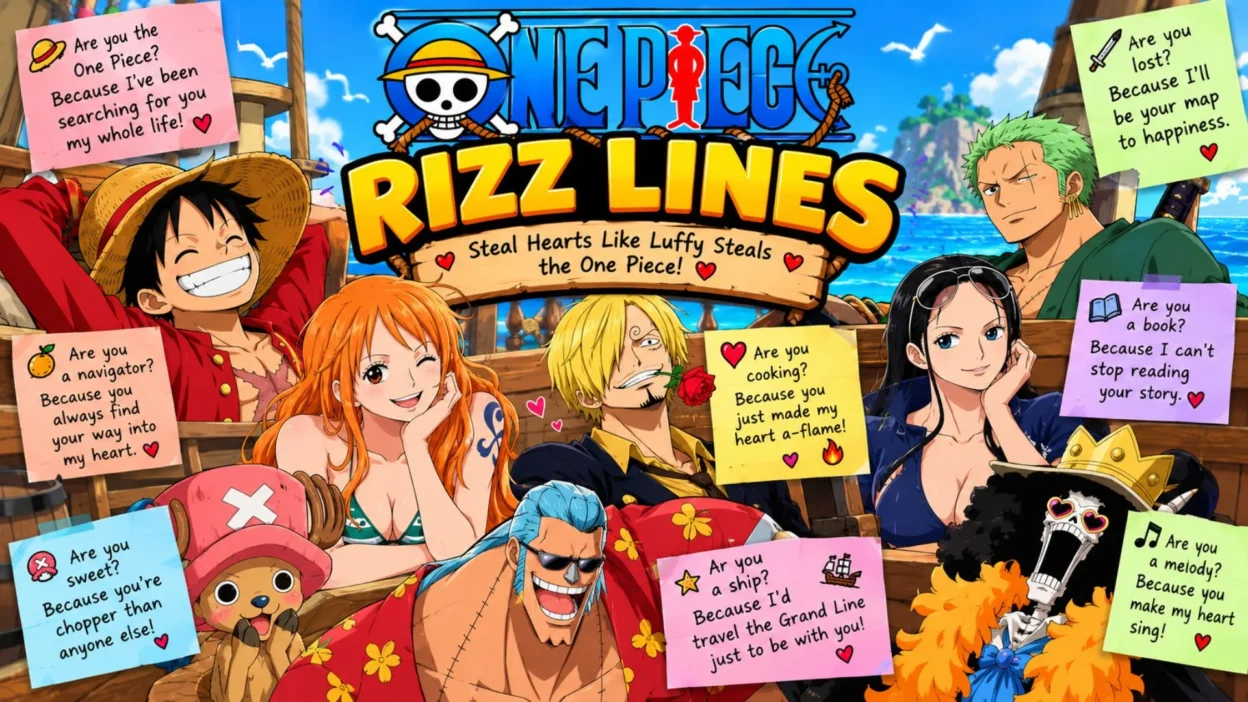 One Piece rizz lines featuring Luffy, Zoro, Nami, Sanji, Robin, Chopper, Franky, and Brook