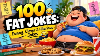 100 fat jokes featuring funny one-liners, clever humor, pizza, snacks, and a laughing cartoon character.