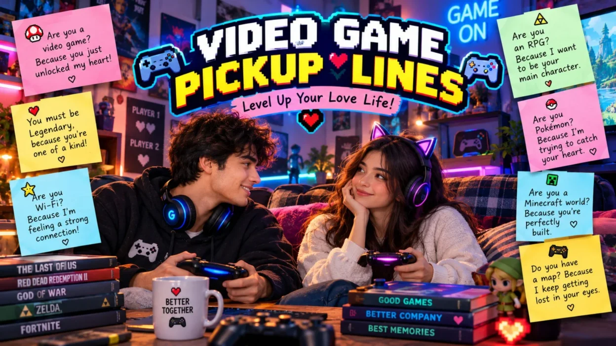 Video game pickup lines with a gamer couple, controllers, and funny romantic gaming messages