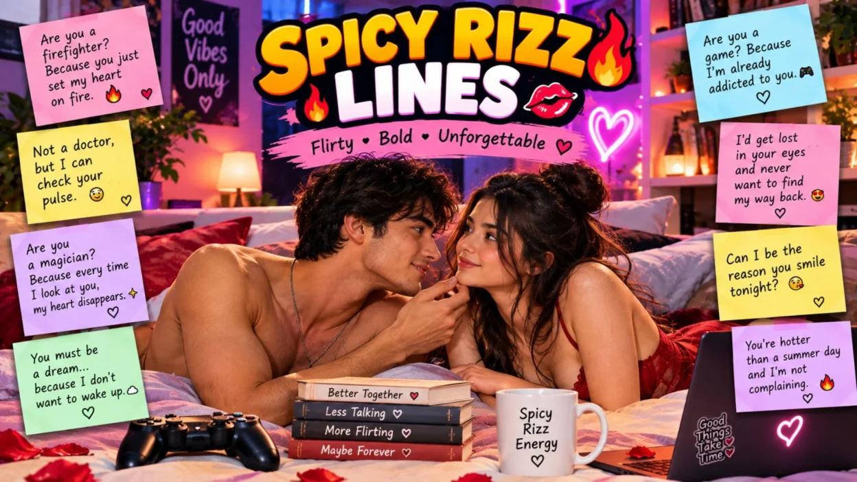 Spicy rizz lines featuring a flirty couple, romantic hearts, and bold pickup line messages