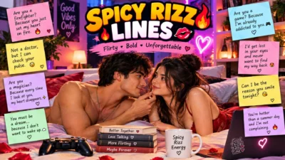 Spicy rizz lines featuring a flirty couple, romantic hearts, and bold pickup line messages
