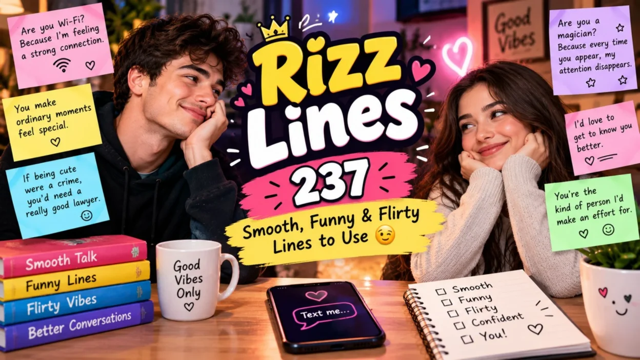 Rizz lines featured image with playful romantic vibes, flirty messages, and charming conversation ideas.