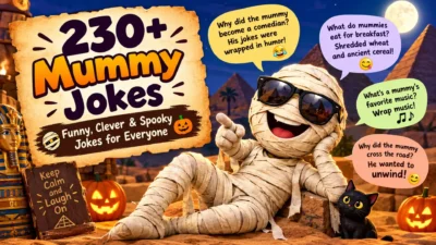 230+ mummy jokes featuring a funny cartoon mummy, Egyptian pyramids, Halloween pumpkins, and spooky humor.