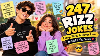 247 funny rizz jokes featuring a cool emoji character, flirty pickup lines, and clever jokes to make you smile.