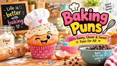 Baking puns featuring a cute cookie chef, cupcakes, cookies, and 237+ funny and clever baking jokes.