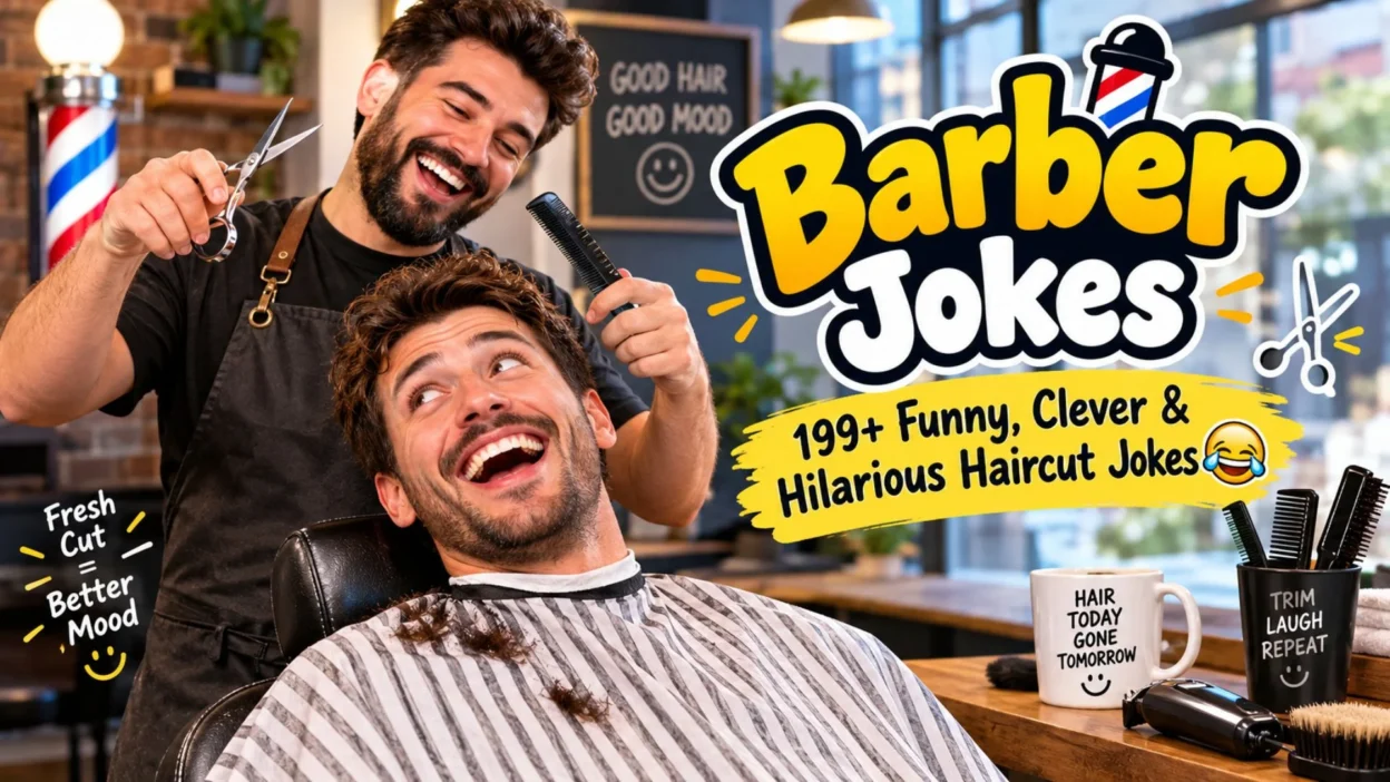 Barber Jokes: 199+ funny haircut jokes featuring a laughing barber, smiling customer, and barbershop humor