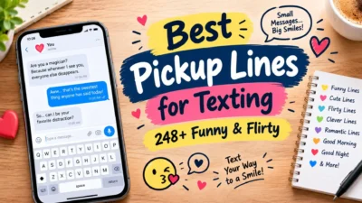 Best pickup lines for texting featuring 248+ funny and flirty messages, romantic hearts, and a smartphone chat.