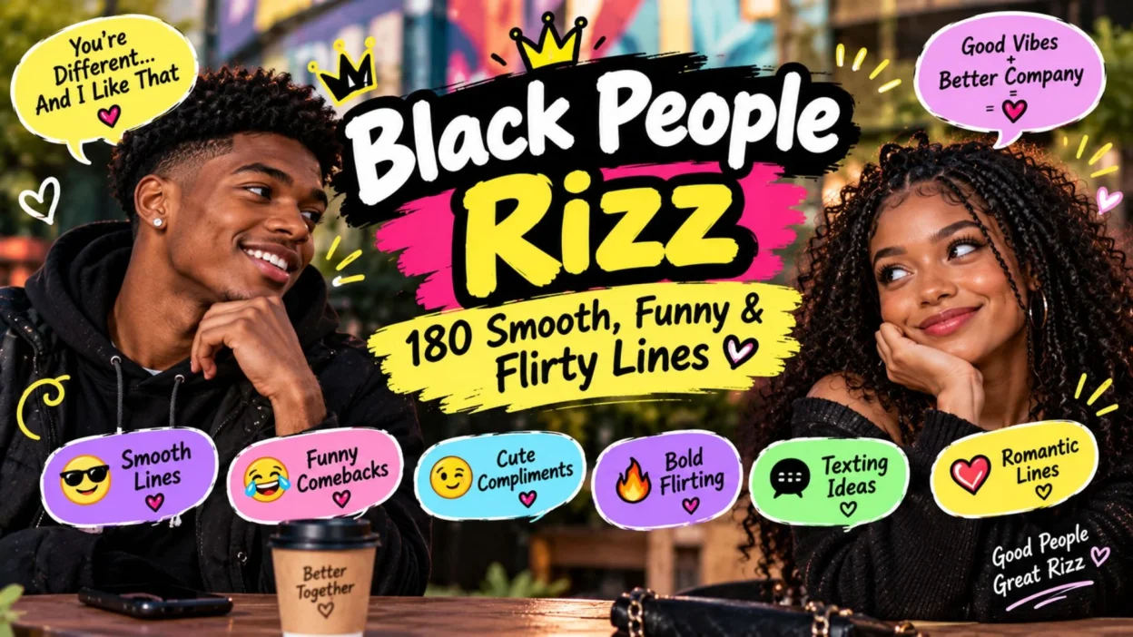 Black people rizz featuring a smiling couple and 180 smooth, funny, and flirty pickup lines