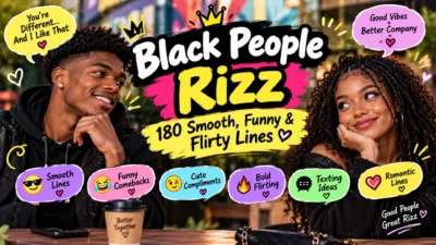Black people rizz featuring a smiling couple and 180 smooth, funny, and flirty pickup lines