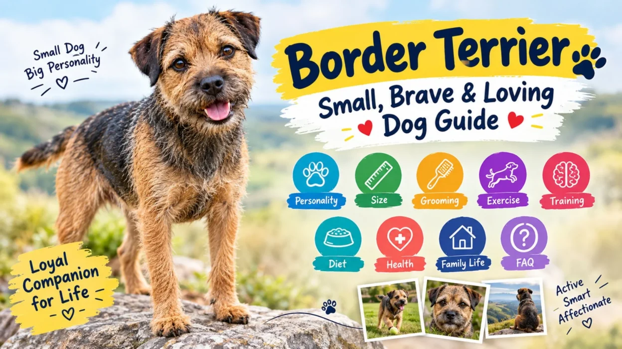 Border Terrier dog guide featuring a small, brave, loving, and energetic terrier in a countryside setting.