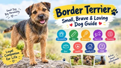 Border Terrier dog guide featuring a small, brave, loving, and energetic terrier in a countryside setting.