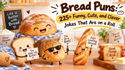 Bread Puns: 225+ funny, cute, and clever bread jokes featuring smiling loaves, toast, baguettes, and bakery humor.
