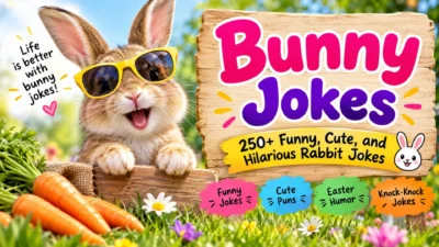 Bunny jokes featuring a cute rabbit, funny puns, Easter humor, and 250+ hilarious rabbit jokes.