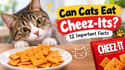 Can cats eat Cheez-Its? A curious cat looks at cheese crackers with important feeding facts.