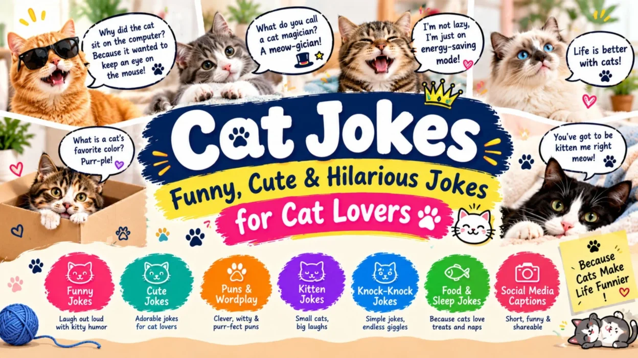 Cat jokes featuring funny, cute, and hilarious cat humor for cat lovers.