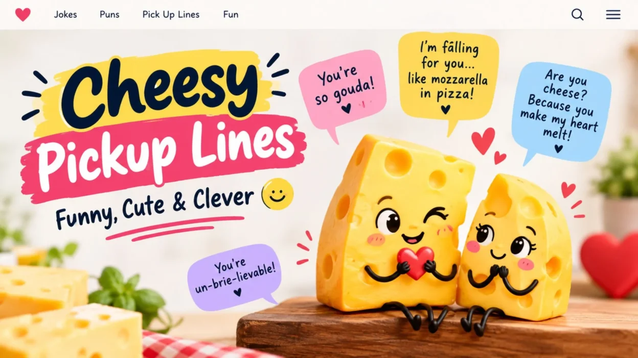 Cheesy pickup lines graphic featuring funny, cute, and clever romantic one-liners with playful cheese characters