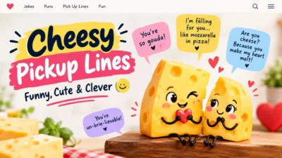 Cheesy pickup lines graphic featuring funny, cute, and clever romantic one-liners with playful cheese characters