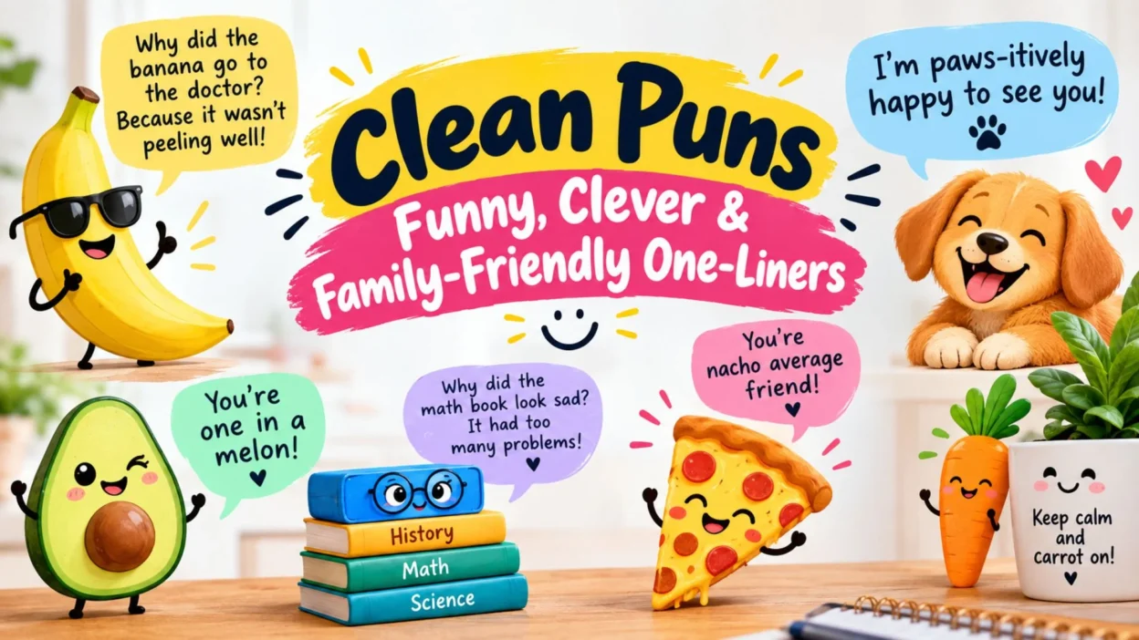 Clean puns featuring funny, clever, and family-friendly one-liners with colorful cartoon characters