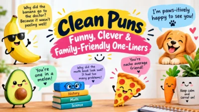 Clean puns featuring funny, clever, and family-friendly one-liners with colorful cartoon characters