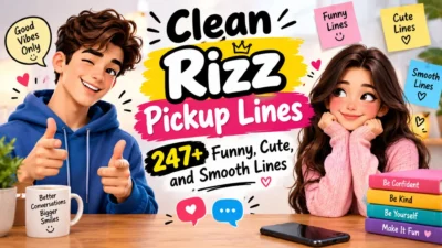 Clean rizz pickup lines featuring funny, cute, and smooth flirting ideas in a colorful romantic design.