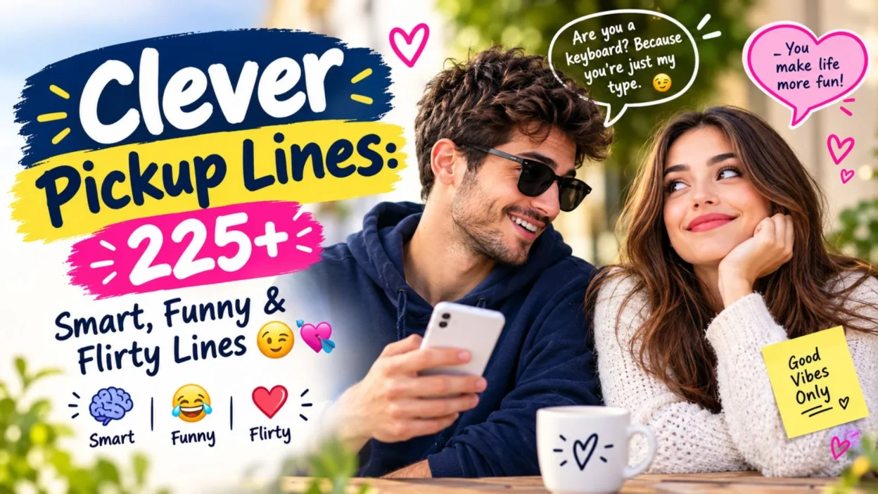 Clever pickup lines featuring 225+ smart, funny, and flirty lines to charm your crush and spark romance.