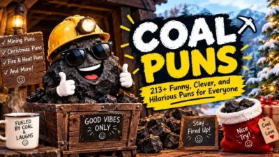 Coal Puns: 213+ funny, clever, and hilarious coal puns featuring a smiling coal miner and festive winter decorations.