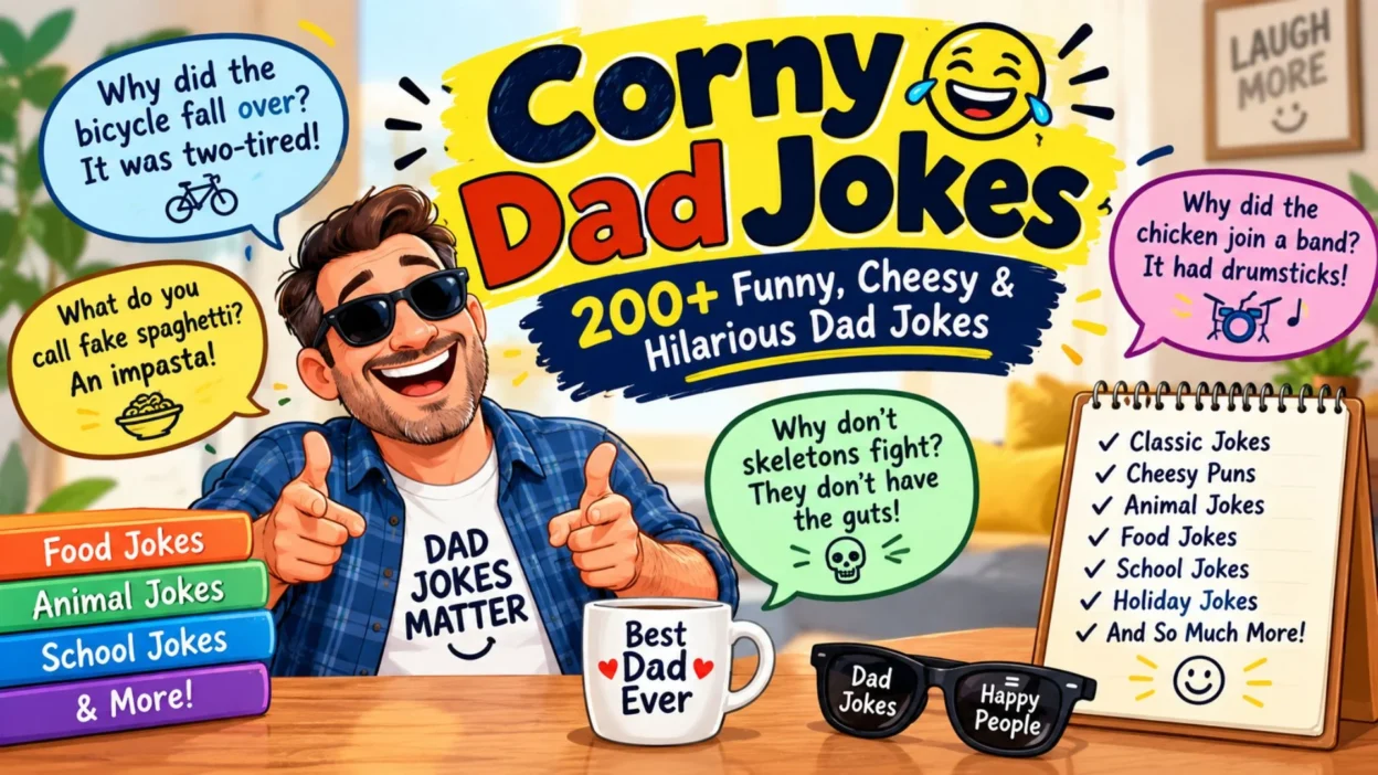 Corny dad jokes featuring funny, cheesy, and hilarious family-friendly humor and classic dad joke puns