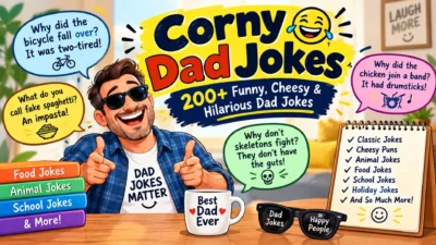Corny dad jokes featuring funny, cheesy, and hilarious family-friendly humor and classic dad joke puns