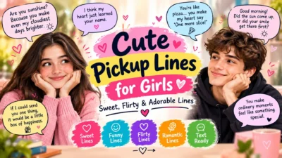 Cute pickup lines for girls featuring sweet, flirty, and adorable romantic messages with hearts.