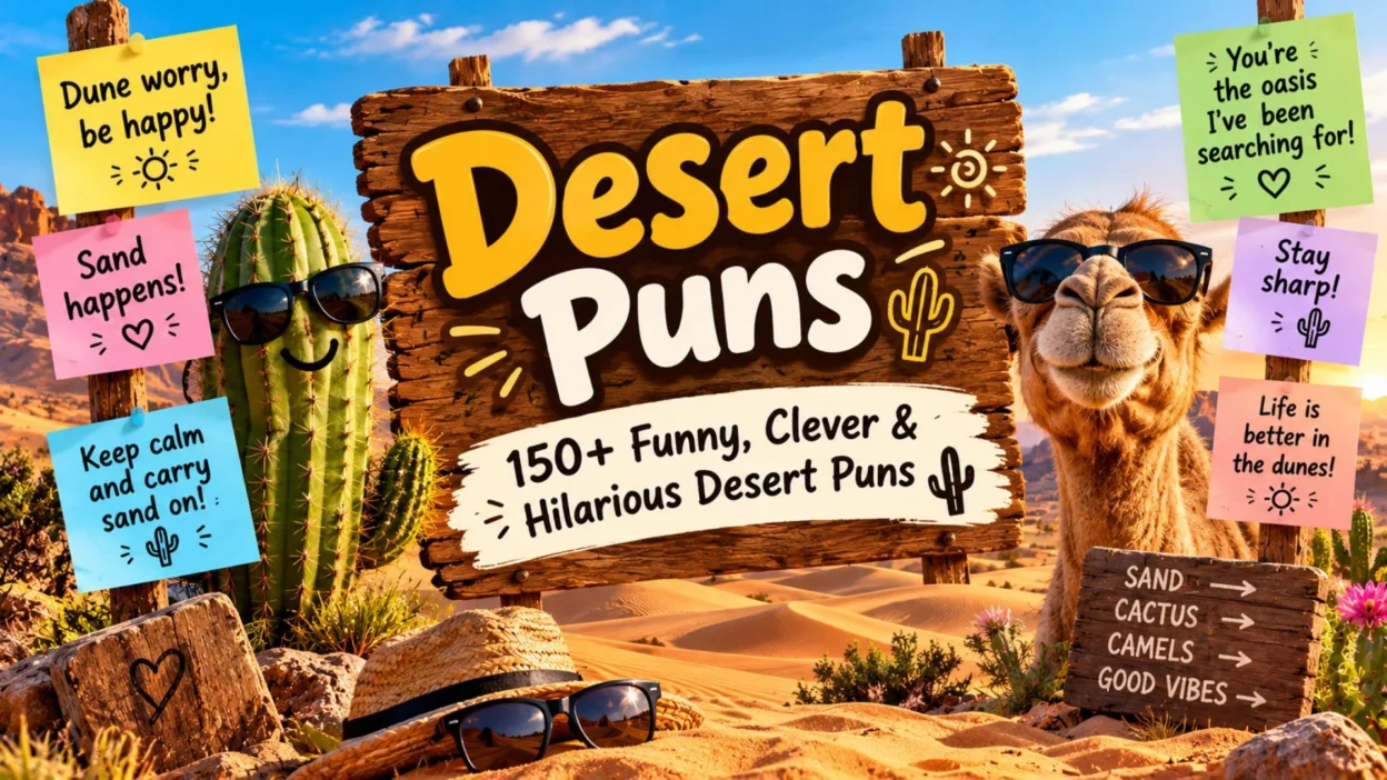 Desert Puns: 150+ funny, clever, and hilarious desert puns with a smiling camel, cactus, and sandy dunes.
