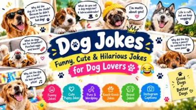 Dog jokes featuring funny, cute, and hilarious humor for dog lovers.