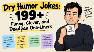 Dry humor jokes featuring funny, clever, and deadpan one-liners with a sarcastic cartoon character.