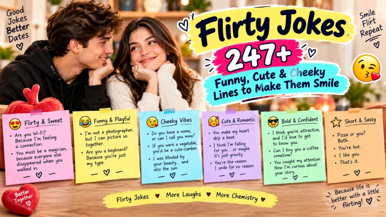 **Alt Text** Flirty jokes featuring funny, cute, and cheeky flirting lines for couples and crushes.