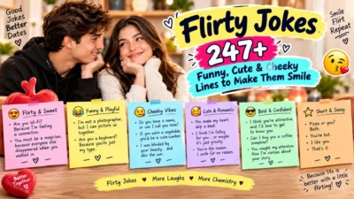 **Alt Text** Flirty jokes featuring funny, cute, and cheeky flirting lines for couples and crushes.