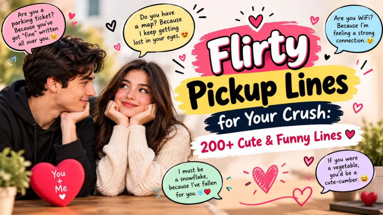 Flirty Pickup Lines for Your Crush featuring 200+ cute and funny lines with romantic hearts and playful speech bubbles.