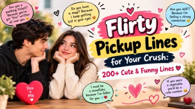 Flirty Pickup Lines for Your Crush featuring 200+ cute and funny lines with romantic hearts and playful speech bubbles.