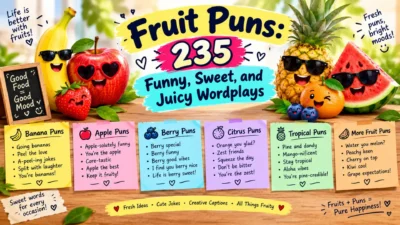 **Alt Text** Fruit puns featuring 235 funny, sweet, and juicy wordplays with colorful cartoon fruits.