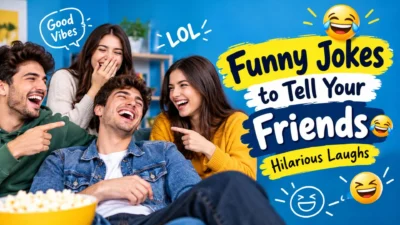Funny jokes to tell your friends with friends laughing together and playful comedy graphics