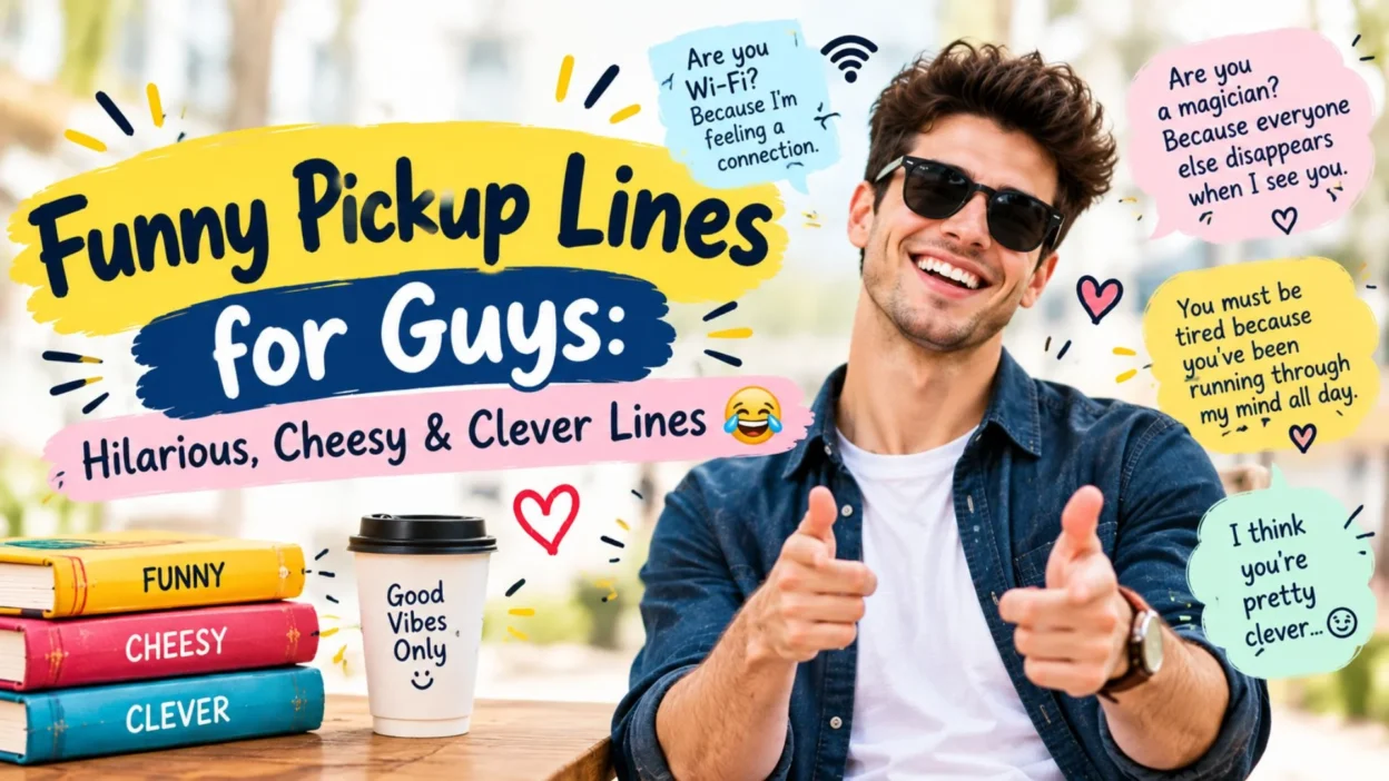 Funny pickup lines for guys featuring hilarious, cheesy, and clever flirting ideas.