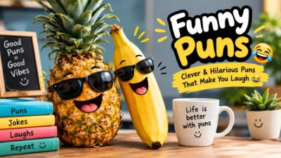 Funny puns with laughing fruit, playful humor, and clever jokes for a fun and cheerful mood.