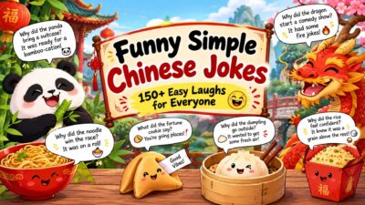 Funny simple Chinese jokes featuring a smiling panda, dragon, noodles, dumplings, and fortune cookies
