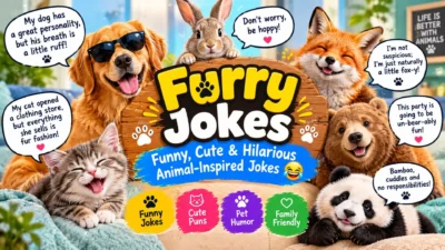 Furry jokes featuring funny, cute animals, hilarious puns, fluffy pets, and family-friendly humor.